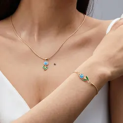 Vintage Sweet Tulip Rose Bracelet For Women Girls Elegant Enamel Flower Gold Color Metal Chain Bracelets Aesthetics Jewelry