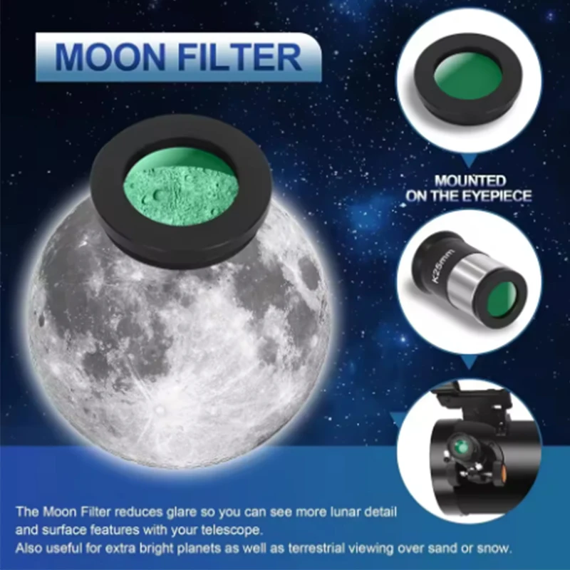 

Фильтр зеленой луны 0,965 дюйма/1,25 дюйма, резьба M28,6*0,6 мм, оптическое стекло, аксессуар для окуляра астрономического телескопа для лунного наблюдения