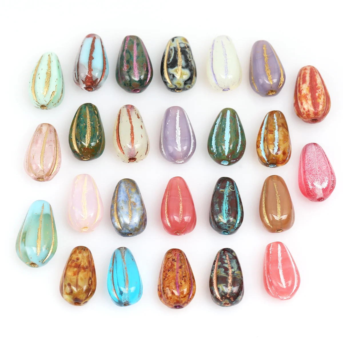 7pcs/14pcs Random Color Gold Lined Teardrop Glass Beads, 8×13mm DIY Beads for Jewelry Making Necklace Bracelet