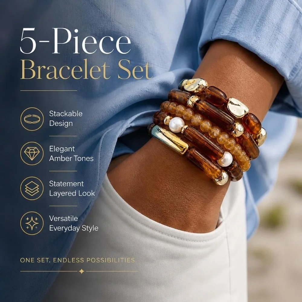 5pcs Boho Beaded Bracelet Set ‌Stackable ‌Tortoiseshell Wristband Jewelry Handmade Brown Bangle Bracelet Set Women's Jewelry