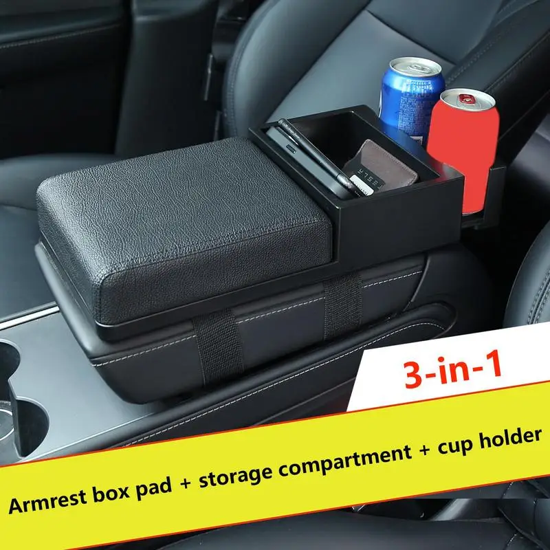 3-in-1 Car Armrest Box Cushion Universal Arm Rest Mat Extender Retractable Cup Holder Storage Box Car Center Console Protector