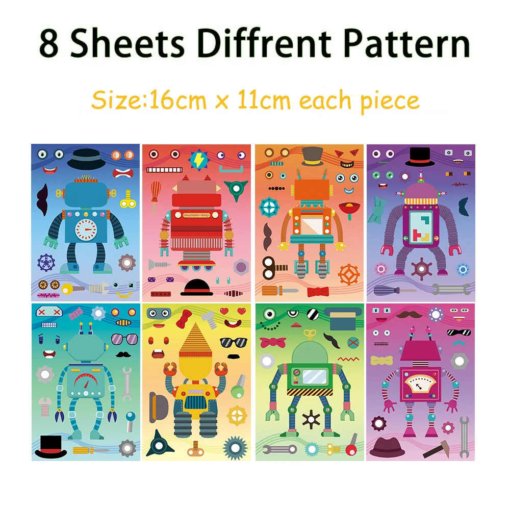 8/16Sheets Make A Robot Stickers for Kids DIY Robot Face Puzzle Jigsaw Fun Craft Project Children Boy Girl Birthday Gifts