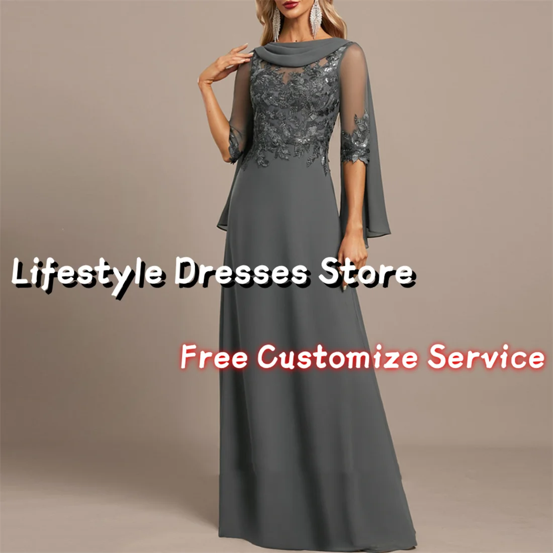 

3/4 Sleeves A-line Scoop Neck Grey Prom Dresses Floor-Length Chiffon Lace Evening Dress With Sequins Mother Of Bride Dresses