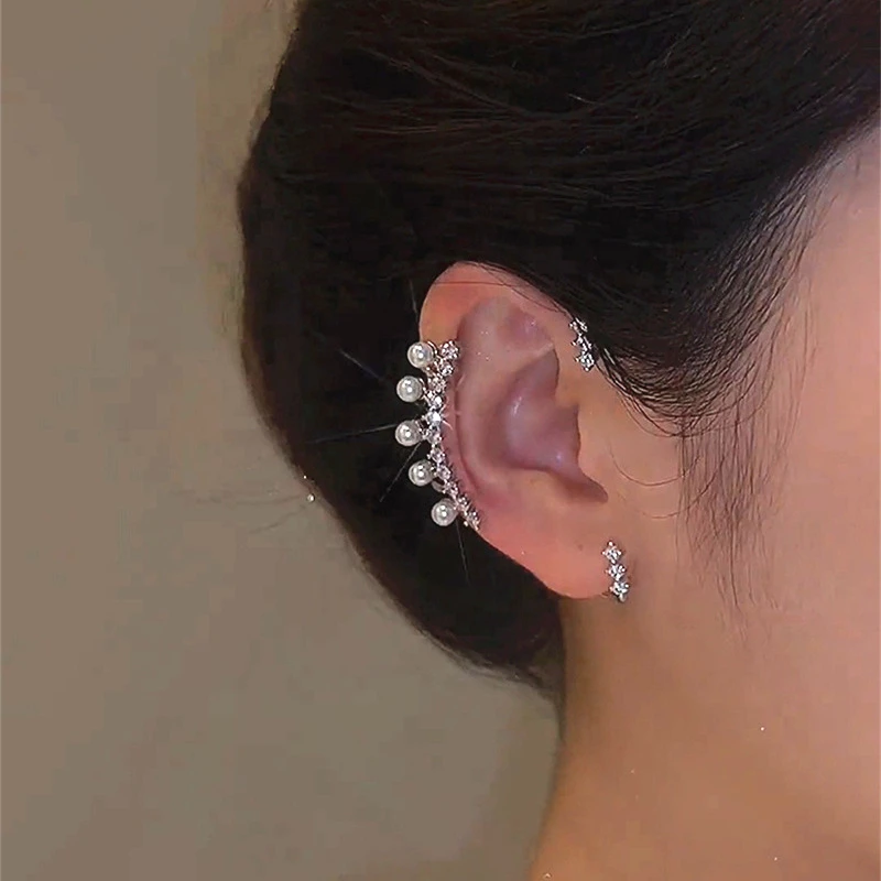 Fashion Imitation Pearl Without Piercing Earrings Silver Color Ear Clips Sparkling Zircon Ear Cuff Clip Earring Wedding Jewelry