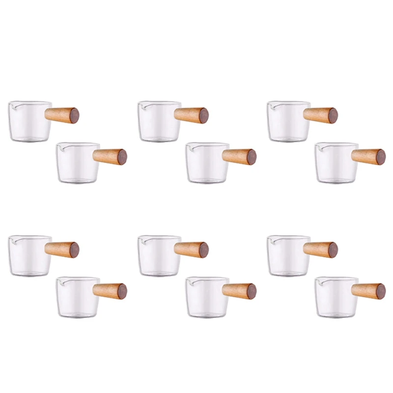 

12PCS Transparent Glass Creamer With Wooden Handle, Mini Coffee Milk Creamer Pitcher. 50Ml