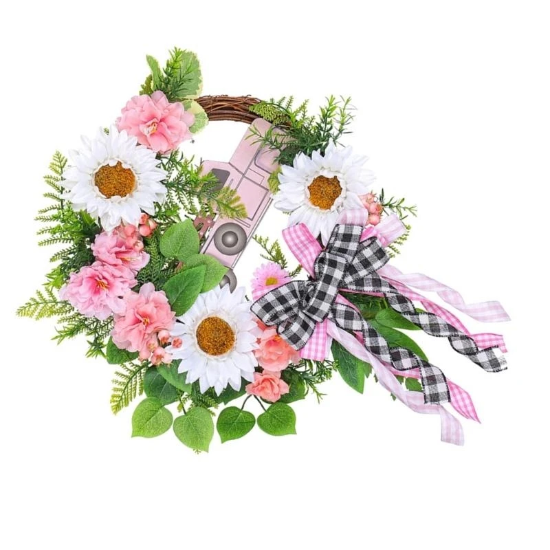 Artificial Christmas Wreaths 22.8in Front Door Wreath Decoration with Bow Flowers for Indoor Outdoor and Car Decor 15UB