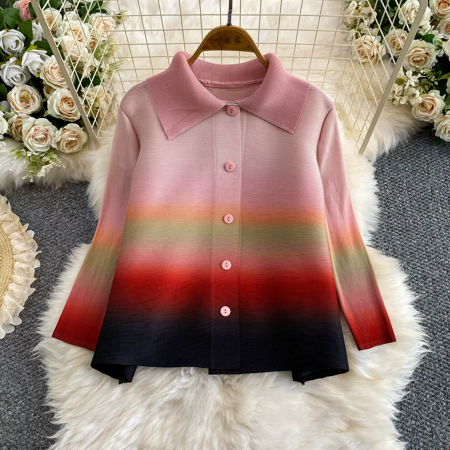 Miyake Pleated Top Rainbow Gradient Long Sleeve Collar Button Front Loose Fit Blouse Women Spring Autumn Fashion Outerwear