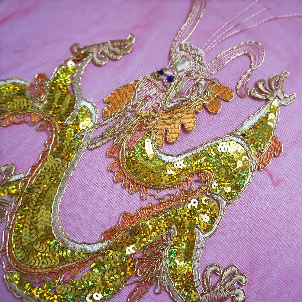 Gold Chinese Dragon Sequins Red Lace Trims Mesh Rhinestone Sew On Patches Embroidery For Wedding Appliques Decoration