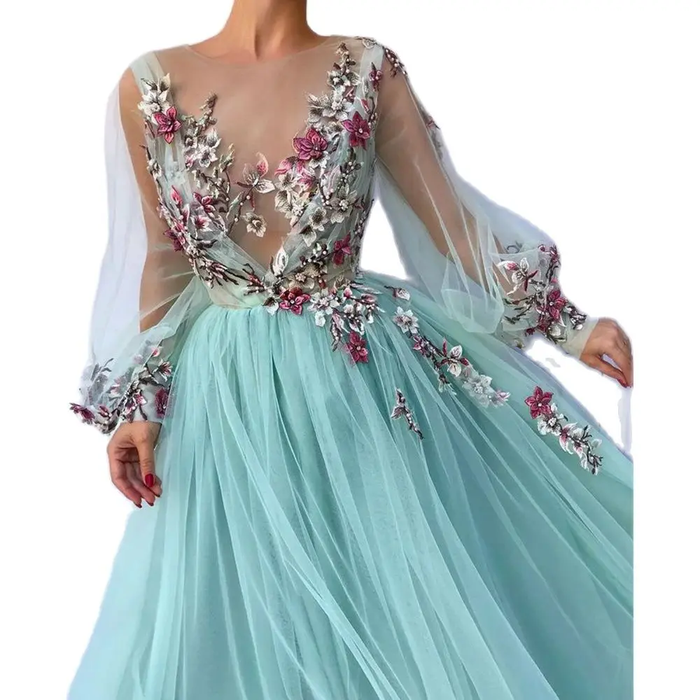 Ilussion Appliques Organza Formal Evening Dress Long Sleeve Floor Length Special Occasion Gowns Elegant Women Luxury Dresses