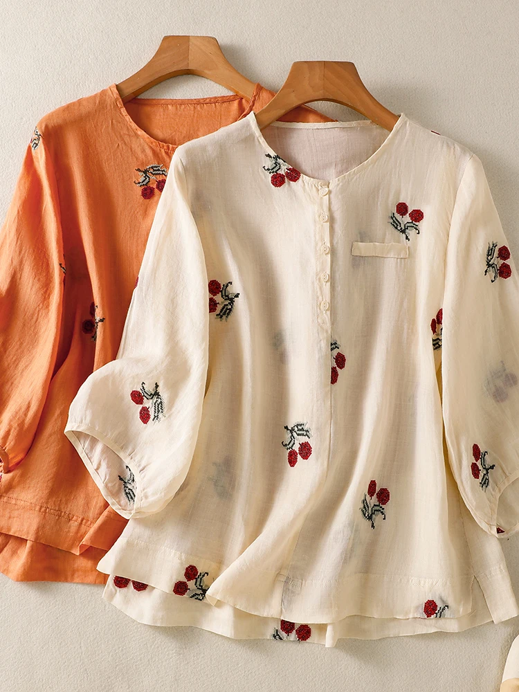 

Свободная вышитая хлопково-льняная рубашка с круглым вырезом и коротким рукавом, летняя новинка для женщин, большие размеры, модный универсальный топ