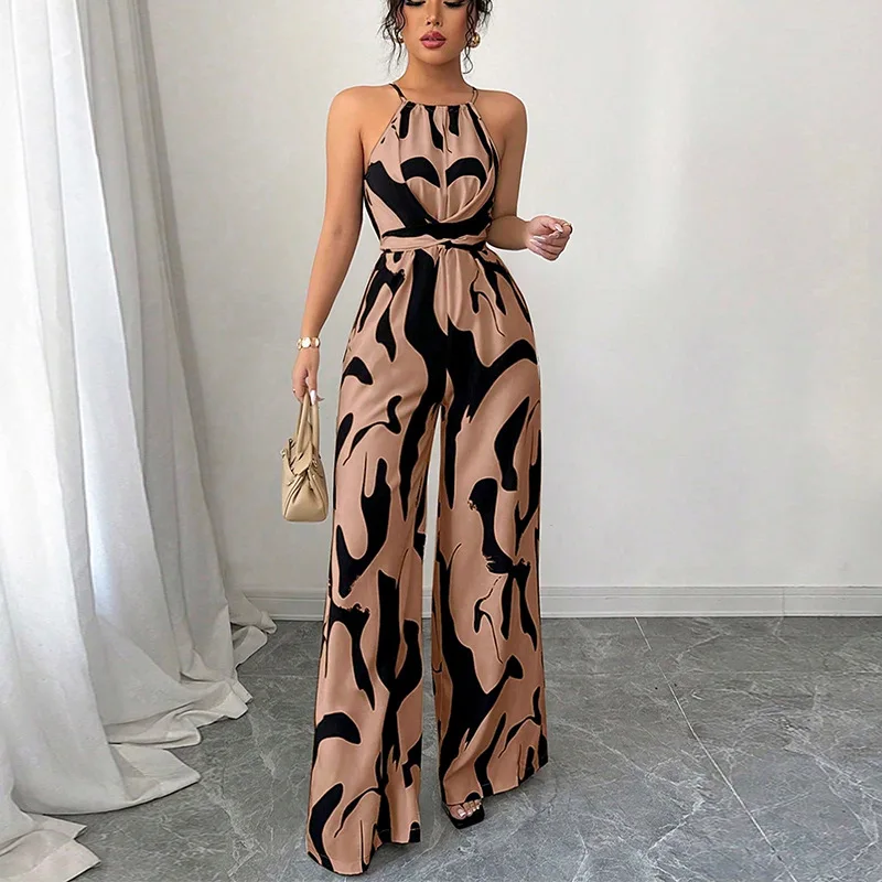 أنيقة طباعة الرسن الرقبة حللا المرأة الصيف جديد عالية الخصر الدانتيل متابعة أكمام مستقيم بنطلون بذلة التنقل وتتسابق #2