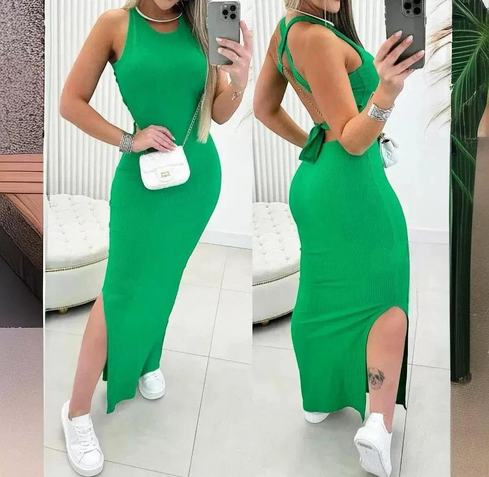 

Sleeveless Womens Dresses Streetwear Crisscross Backless Tied Detail Ribbed Dress Split Long Skirt for Female Summer New 2024