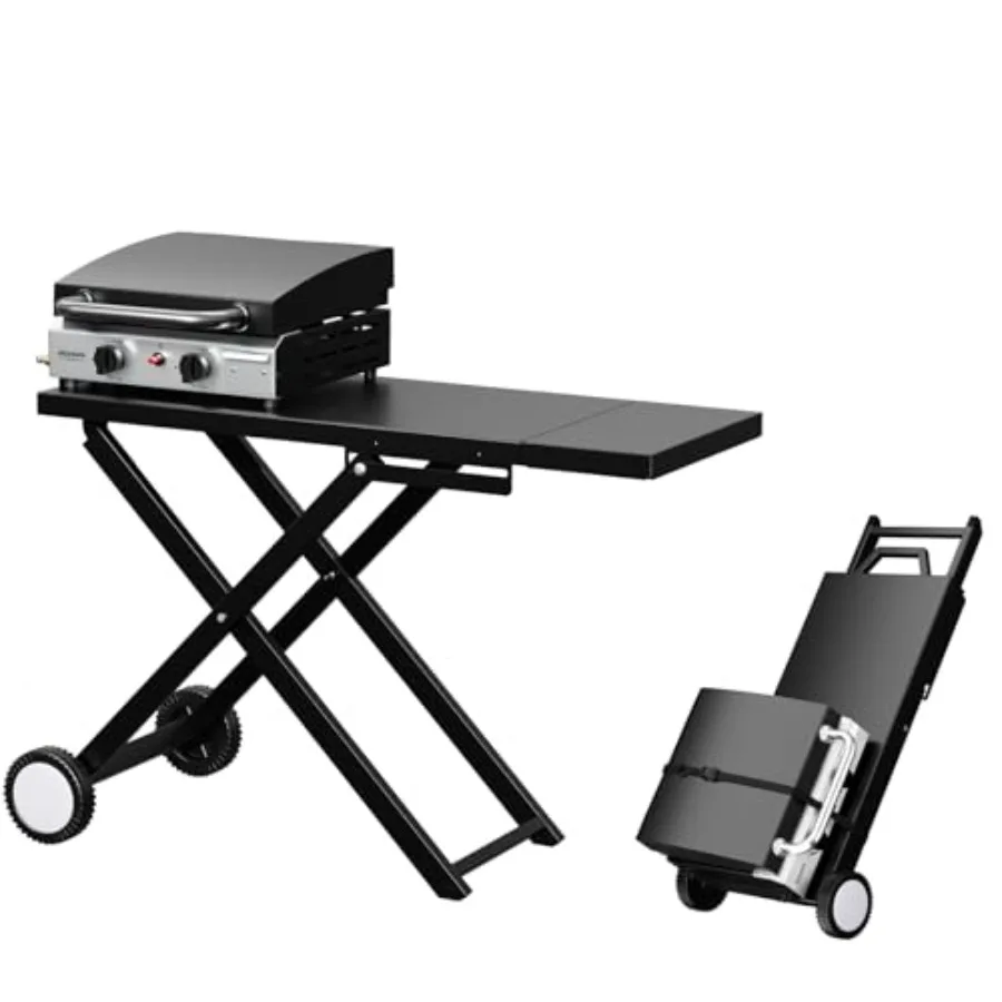

Foldable Flat Top Grill with 2 Burner Lid 20 000 BTU Propane Gas Grills with Ignition Enamel Griddle Side Shelf Portable Cart w