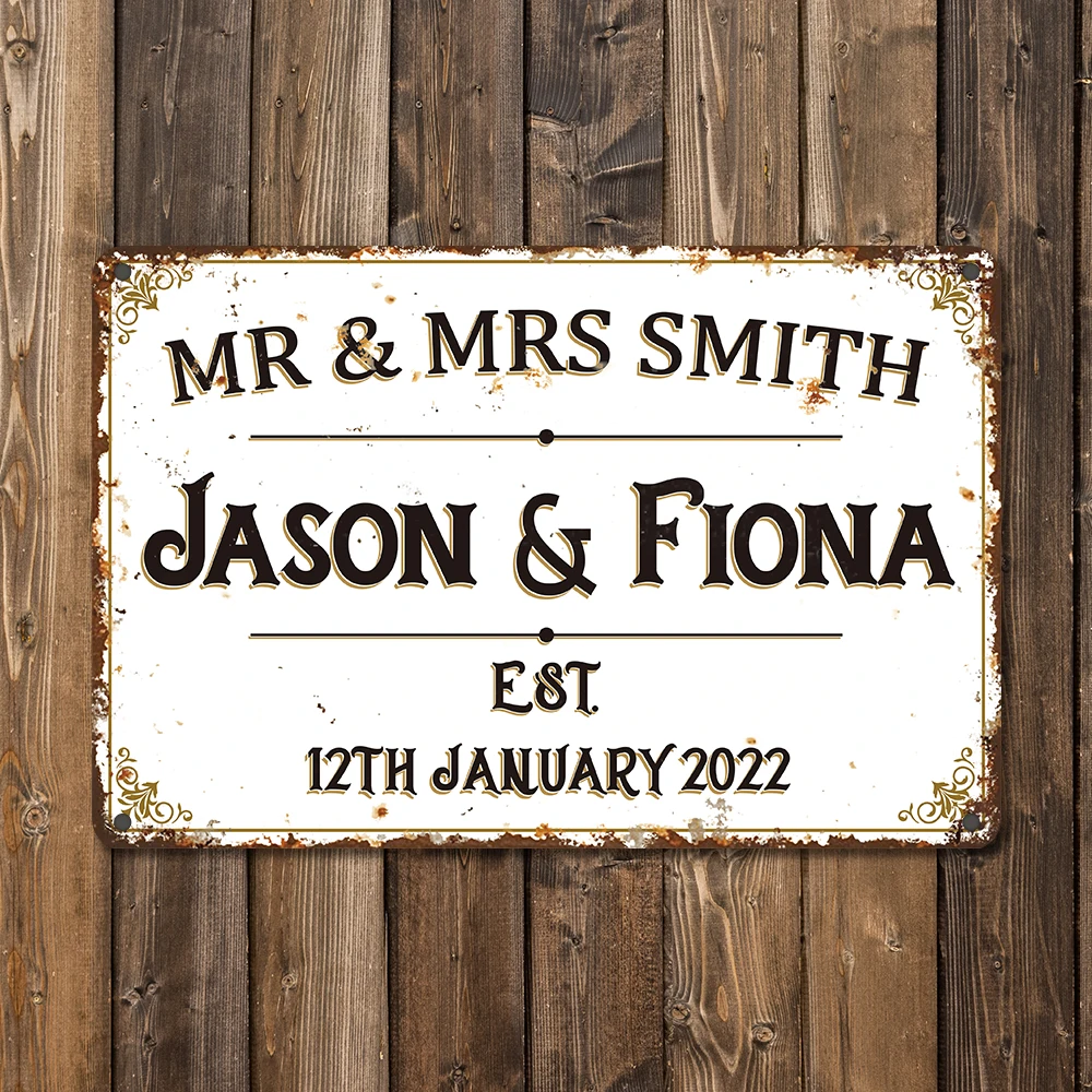 2D Flat Custom Mr & Mrs Metal Tin Sign, Vintage Rustic Couple Names & Date Plaque, Wedding Anniversary Wall Decor