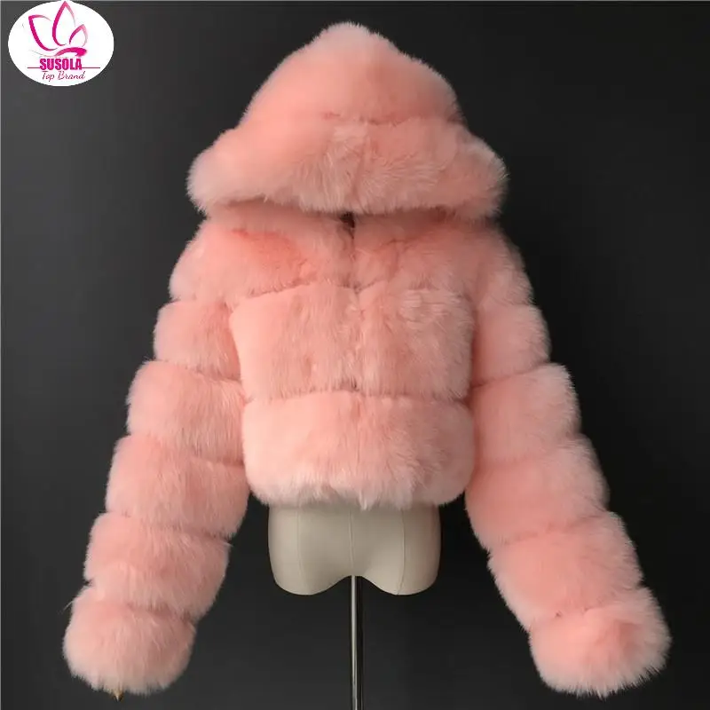 

SUSOLA High Quality Furry Cropped Faux Fur Coats And Jackets Women Fluffy Top Coat With Hooded Winter Fur Jacket Manteau Femme