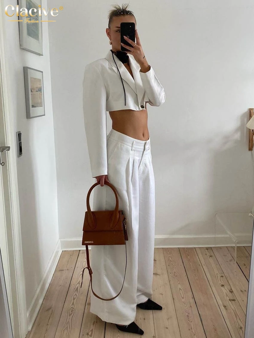 

Clacive Fashion Loose White Cotton Two Piece Outfits Woman 2025 Elegant Long Sleeve Crop Shirt With Mid Waist Wide Pants Set