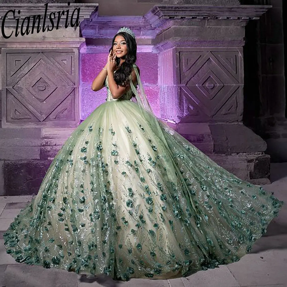 Abiti Quinceanera in pizzo con paillettes fiori 3D verde salvia con abito da ballo a mantella corsetto personalizzato abiti da XV Anos