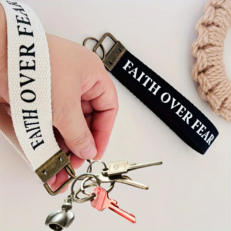 Faith Over Fear Wristlet Keychain Fabric Key Fob Antique Bronze Buckle Inspirational Hand Strap Gift for Him Her Student