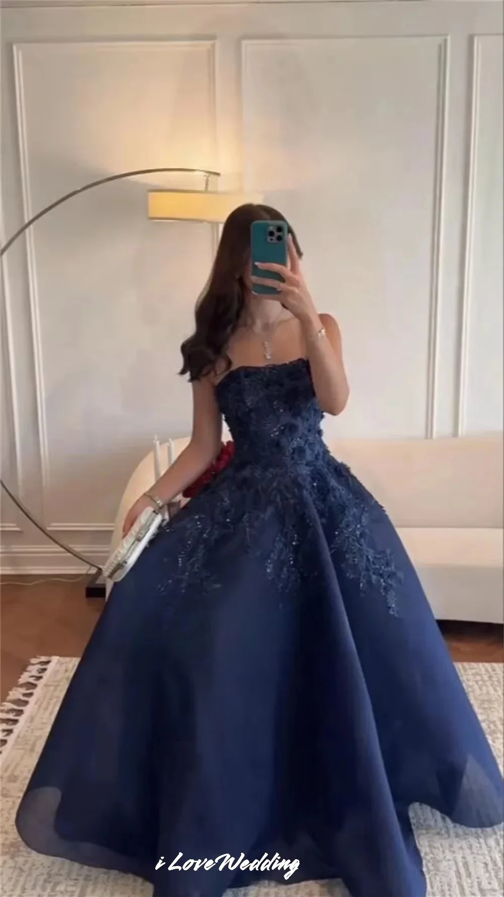 

Dark Blue Strapless Prom Dresses 2025 3D Flowers Sequin Appliques Evening Dresses Floor-Length Wedding Guest Dresses Customized