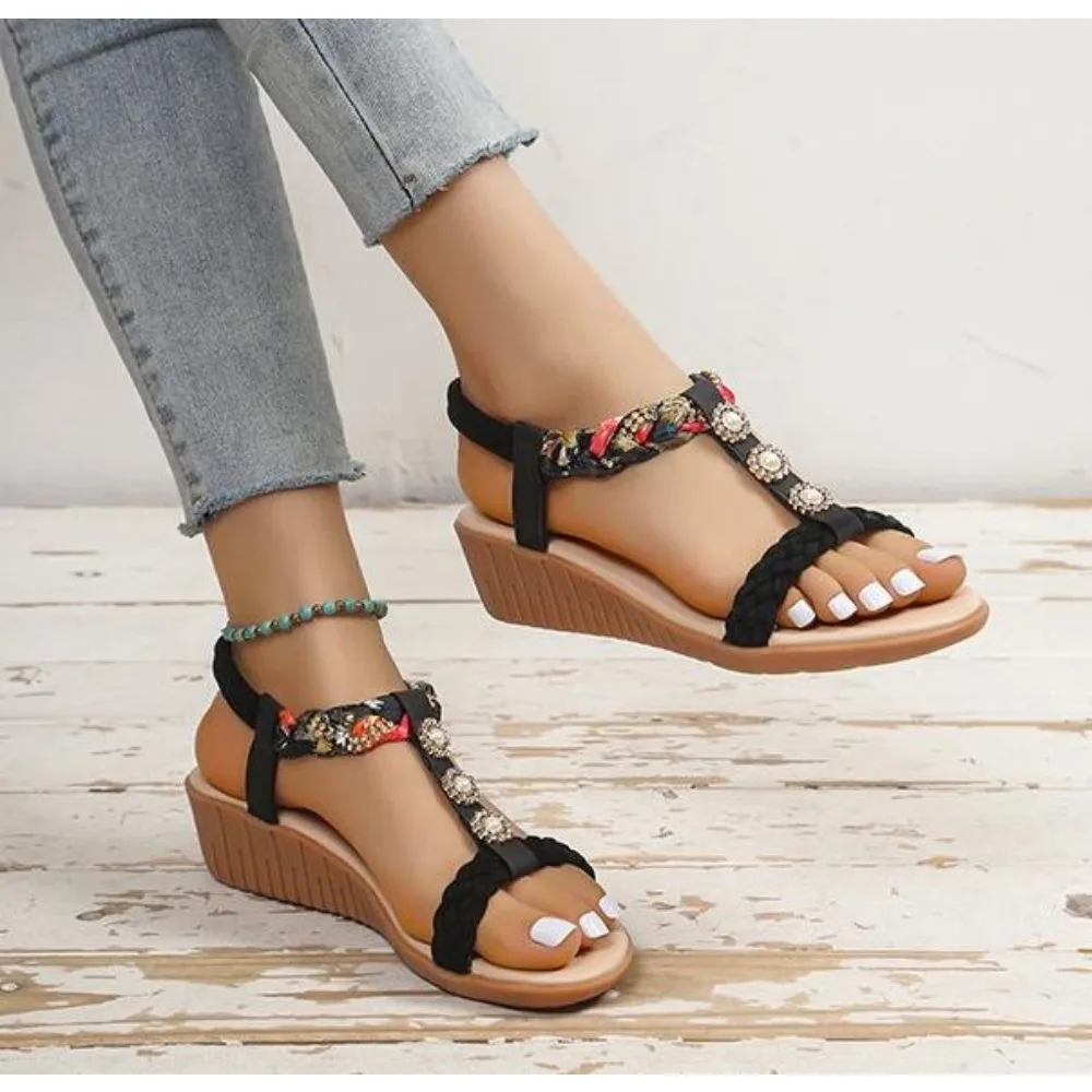 Shoes for Women Fashion Elastic Band Women\'s Sandals Summer Hot Sale Solid Crystal Round Toe Flat Sandals Zapatos Mujer