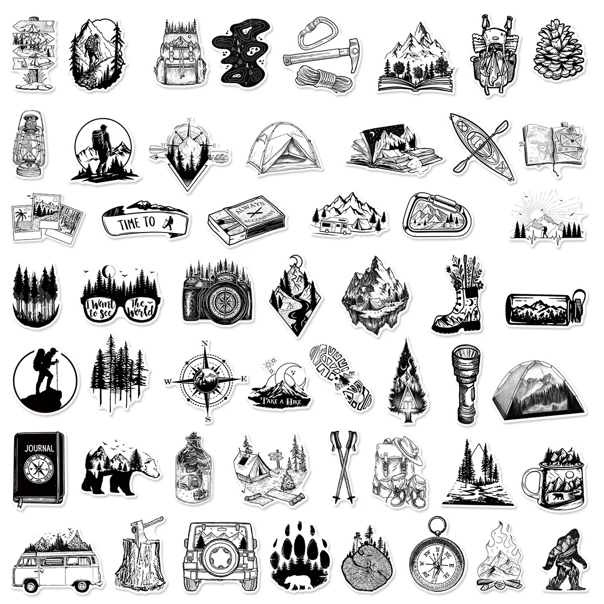50 pçs caminhadas ao ar livre escalada de montanha adesivos preto branco graffiti decoração diy notebook mala guitarra geladeira decalques