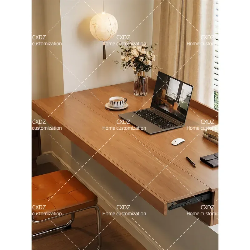 Medieval Style Solid Wood Bay Window Desk Retractable Computer Table with Drawers and Locker for Bedroom Balcony Student