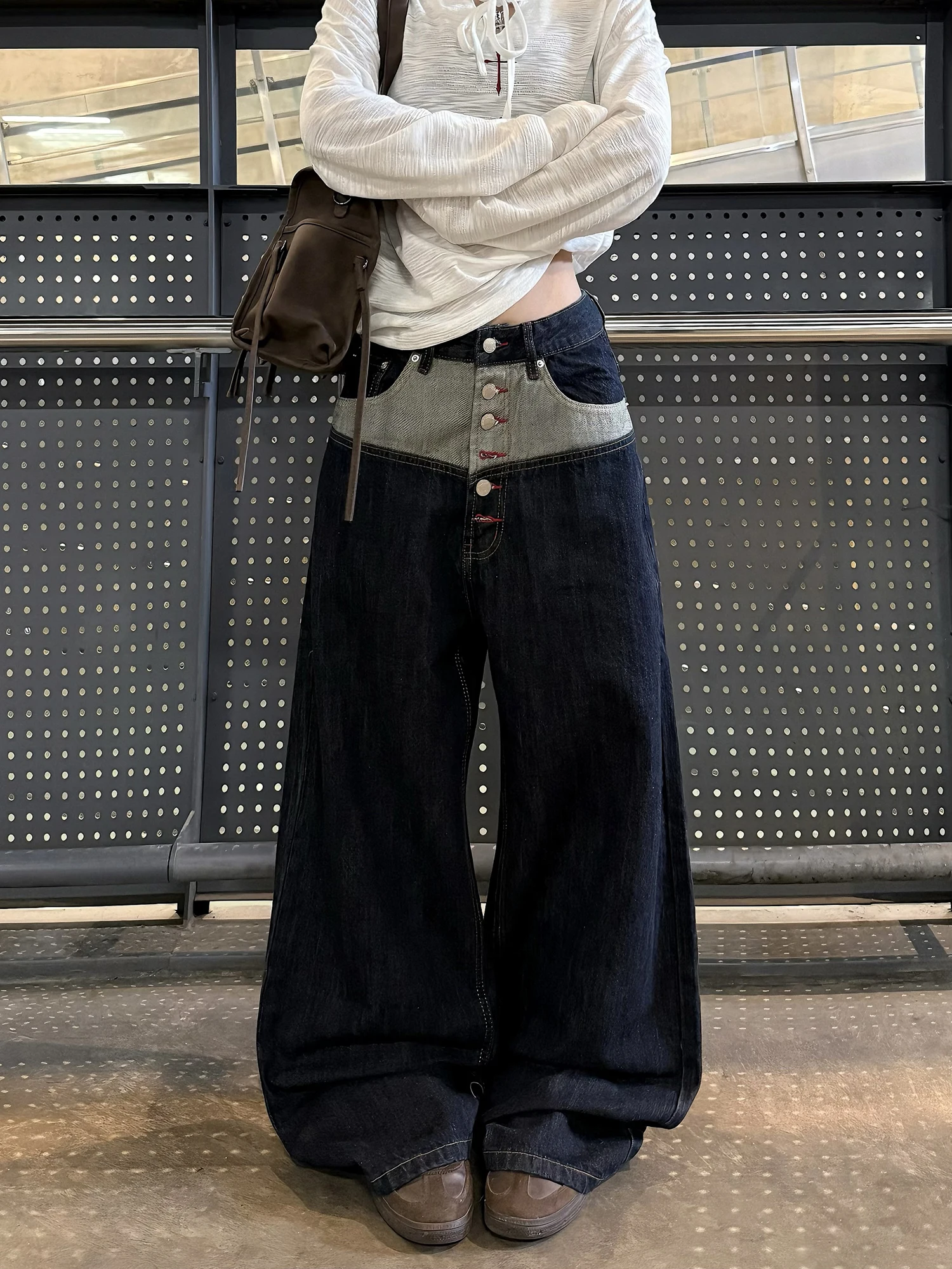 

Vintage American Design Spliced Button Front Denim Jeans Men Women Haome High-End Feel Long Trendy Straight Leg Jeans