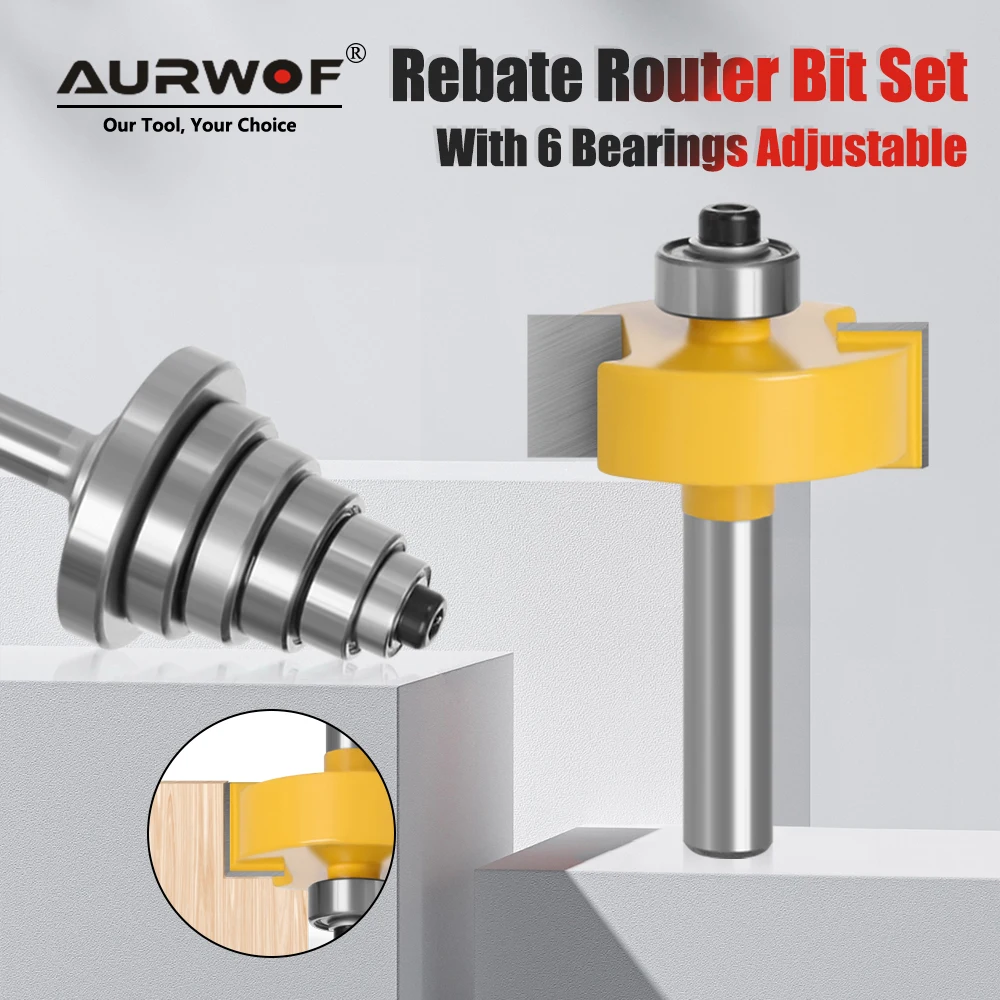 AURWOF 8mm Shank Rebate Router Bit Set With 6 Bearings Adjustable 1/2