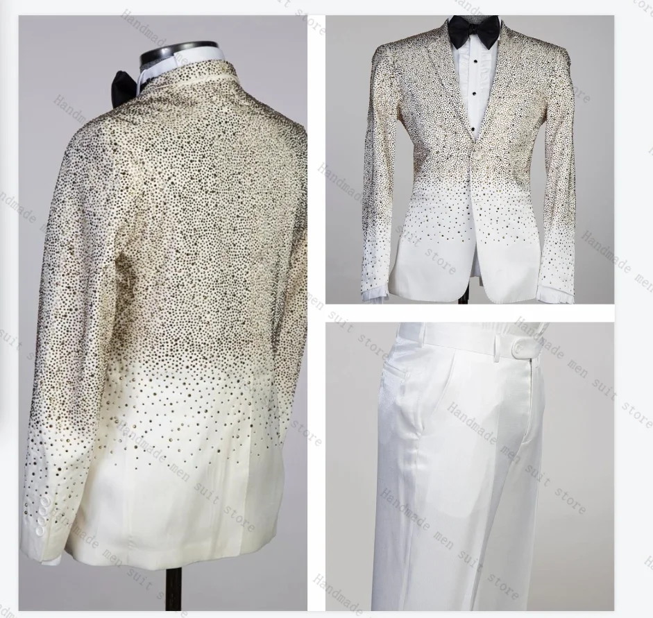 

Jacquard White Men Suits 2 Piece Blazer+Black Pants Luxury Crystals Stone Wedding Tuxedo Coat Customized Formal Office Jacket