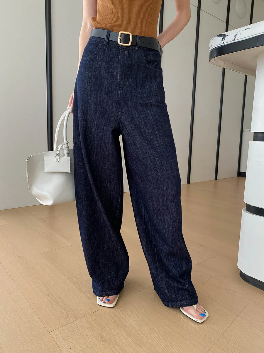 

Spring and summer women's casual retro washed deep blue loose wide leg straight leg mop jeans