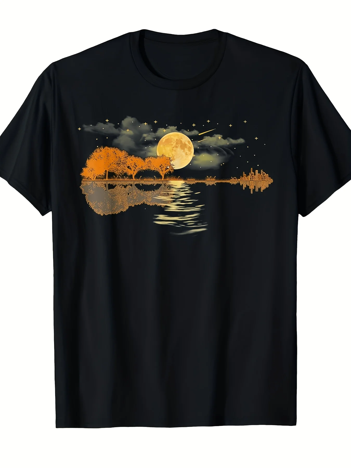 Guitar Lakeside Reflection, Love Musicians Original Sound Guitar T-shirt, Light and Breathable, The Same C-sleeved Crew Neck for Men and Women, Suitable for Going Out, Casual Wear and Daily Style, Outdoor Activity Shirt