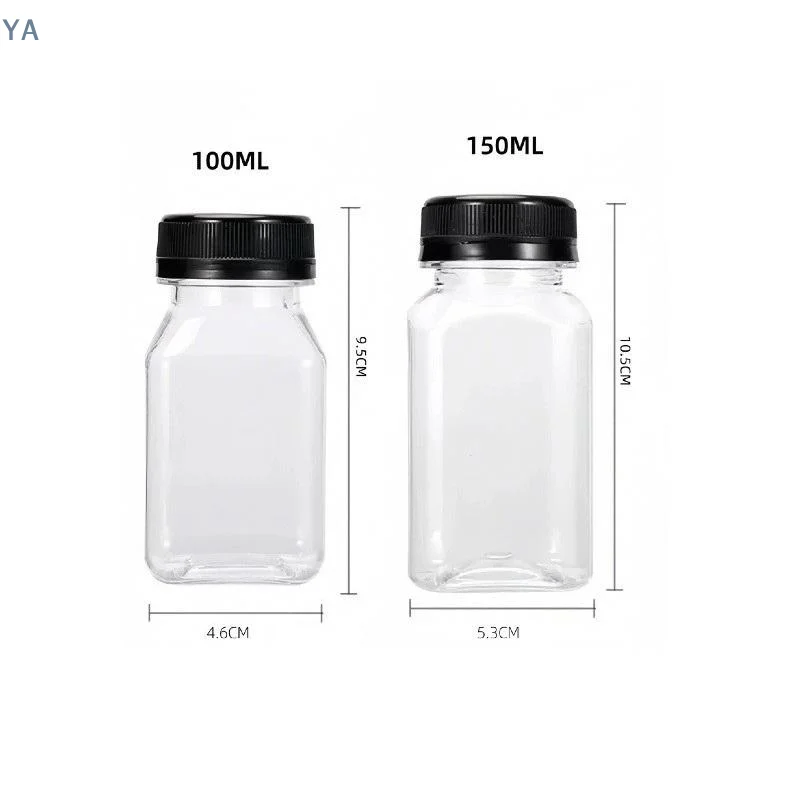 【SA】【SA】4 Pcs Plastic Juice Bottles 100ML 150ML Transparent Drink Containers Tamper Proof Lids Empty Square Milk Bottles