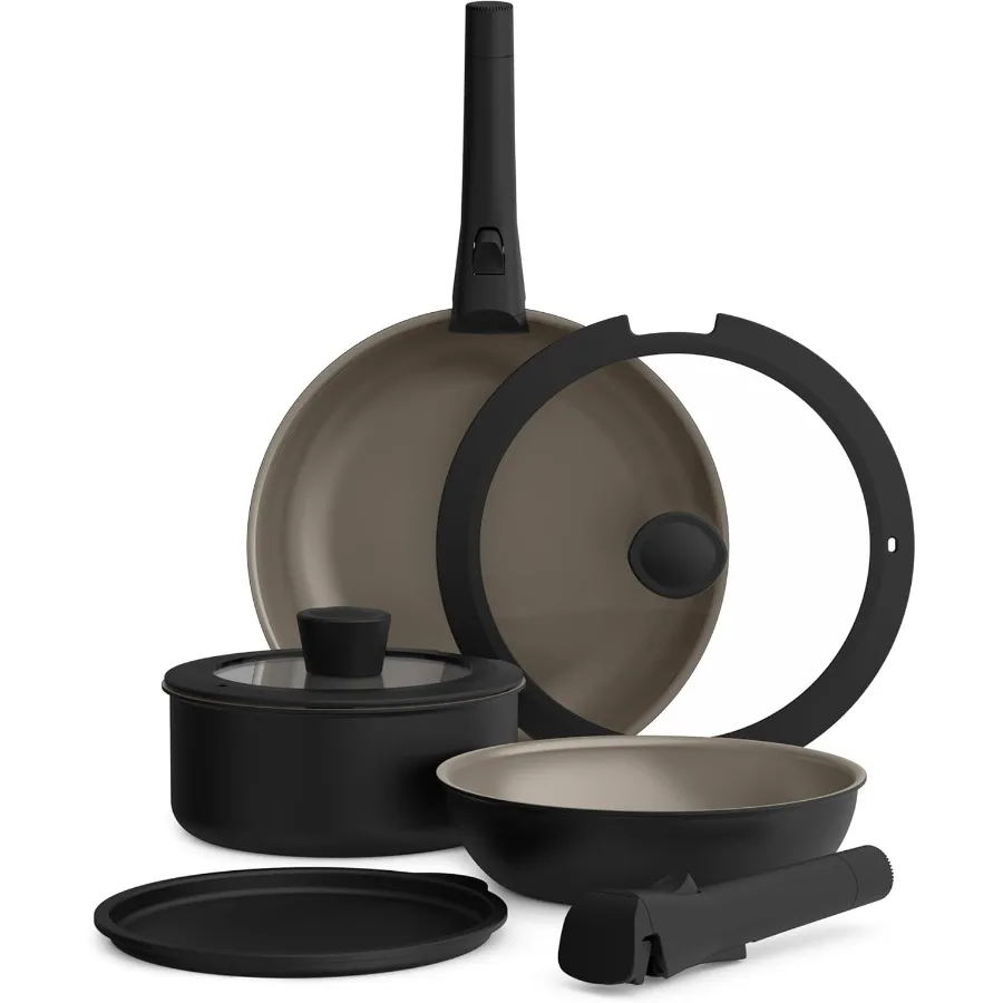

Набор посуды со съемной ручкой, состоящий из 8 предметов. Кухонные принадлежности Fitsanywhere с керамическим антипригарным покрытием EverGood для эффективной приготовления пищи.