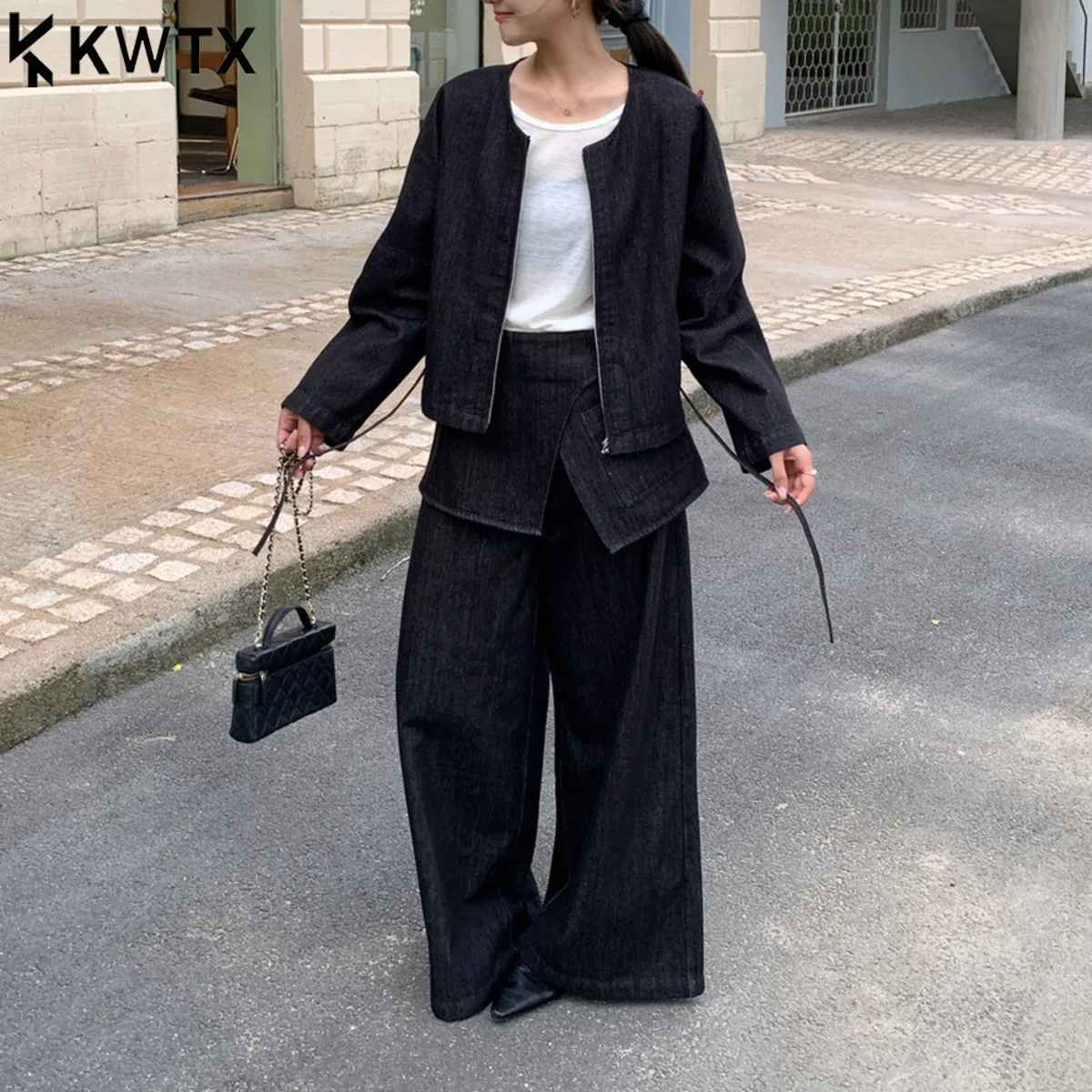 

KWTX 2025 Women 3-Piece Set Zipper Jacket High Waist Wide Leg Pants Casual Vintage Chic Solid Color Spring Autumn New Design