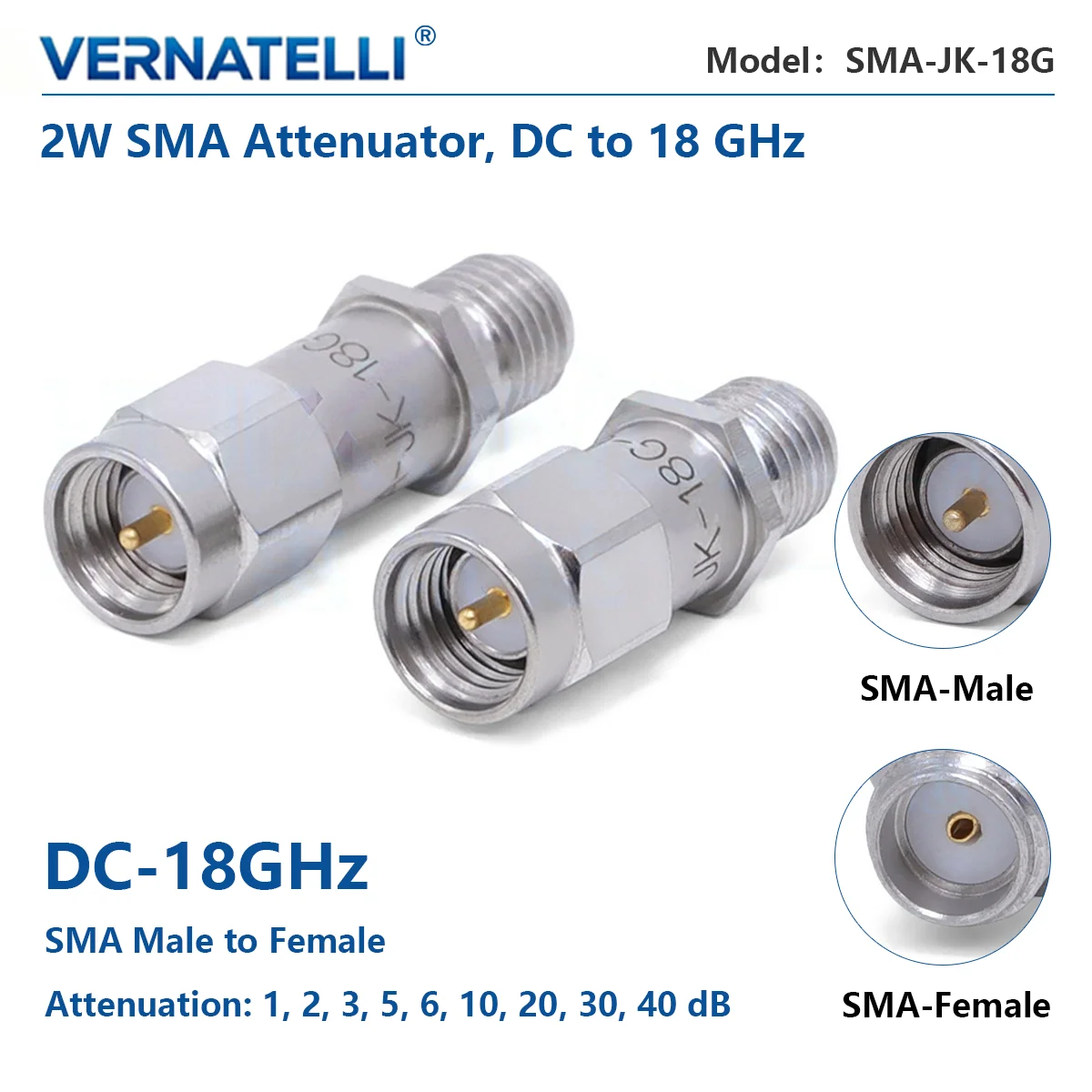 SMA Male to Female Fixed Attenuator, 2W, DC to 18 GHz, 1/2/3/5/6/10/20/30/40 dB Attenuation, Precision, Model SMA‑JK‑18G
