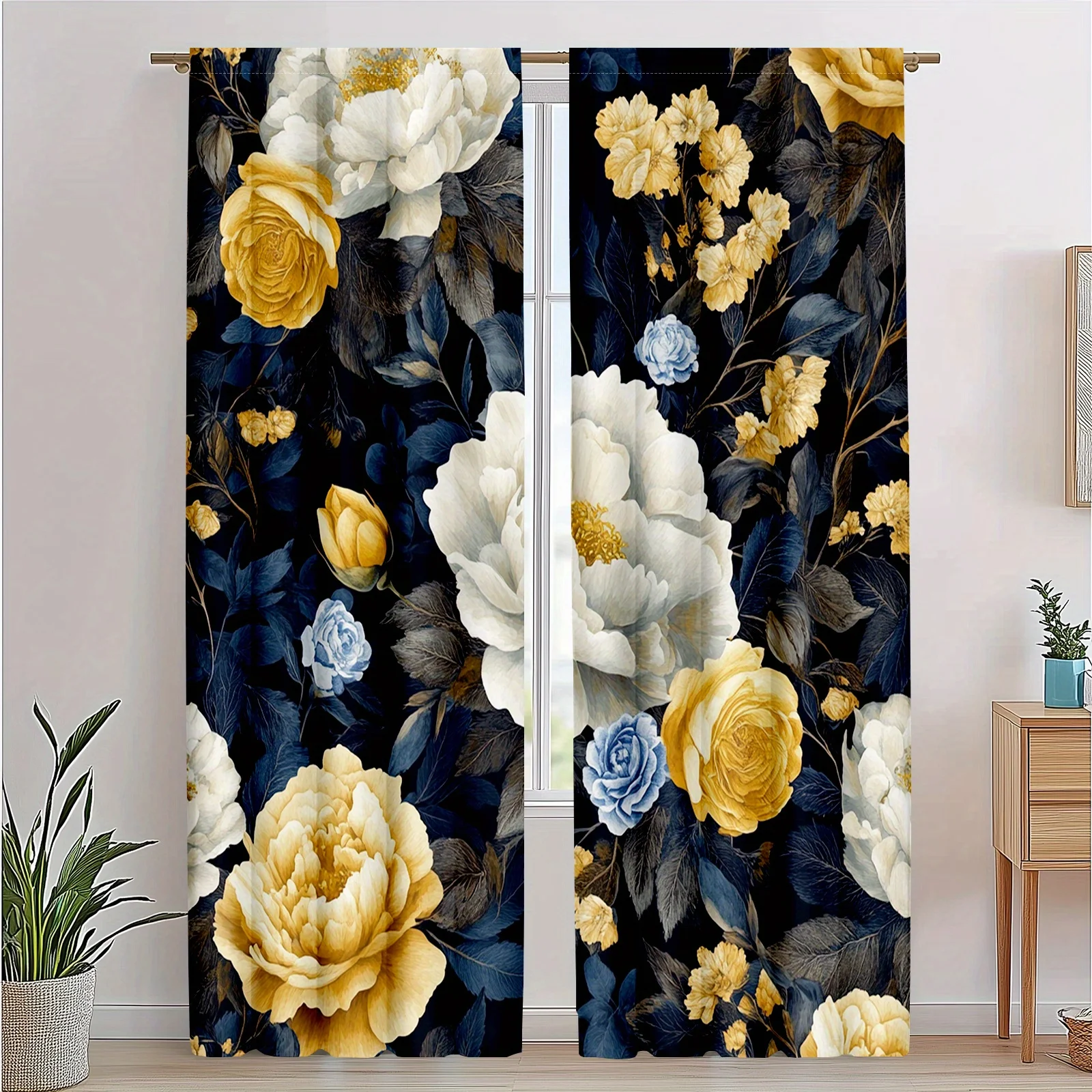 2pcs  Decorative CurtainsGothic Peony Rose Floral Curtains in Black Gold for Living Room and Bedroom