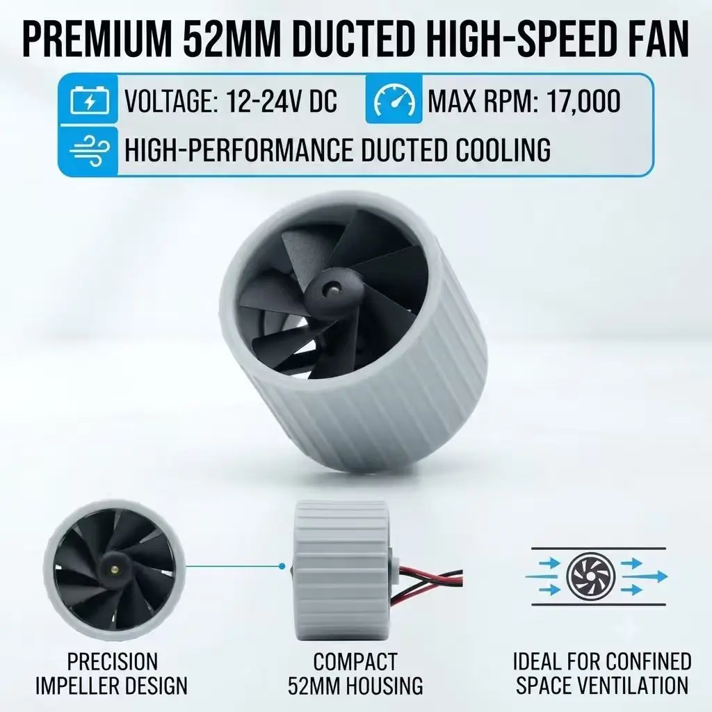 SOLIDAR 52mm Ducted High-Speed Fan DC 12V-24V 8900-17000RPM Duct Ventilation Cooling Fan