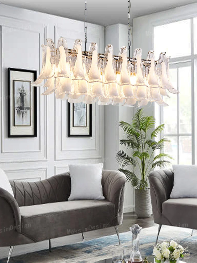 White Lily Petal Glass Multi‑Tier Chandelier Vintage Art Long Dining Table Pendant Light High‑End Living Room Decor Hanging Lamp
