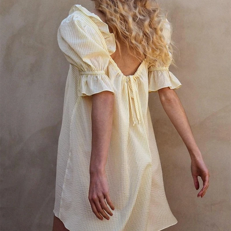 Y2K Kawaii Short Puff Sleeves Mini Dress Vintage Square Neckline Tie Up Bodydall Dress Daily Party Club Loose Fit A-line Dress