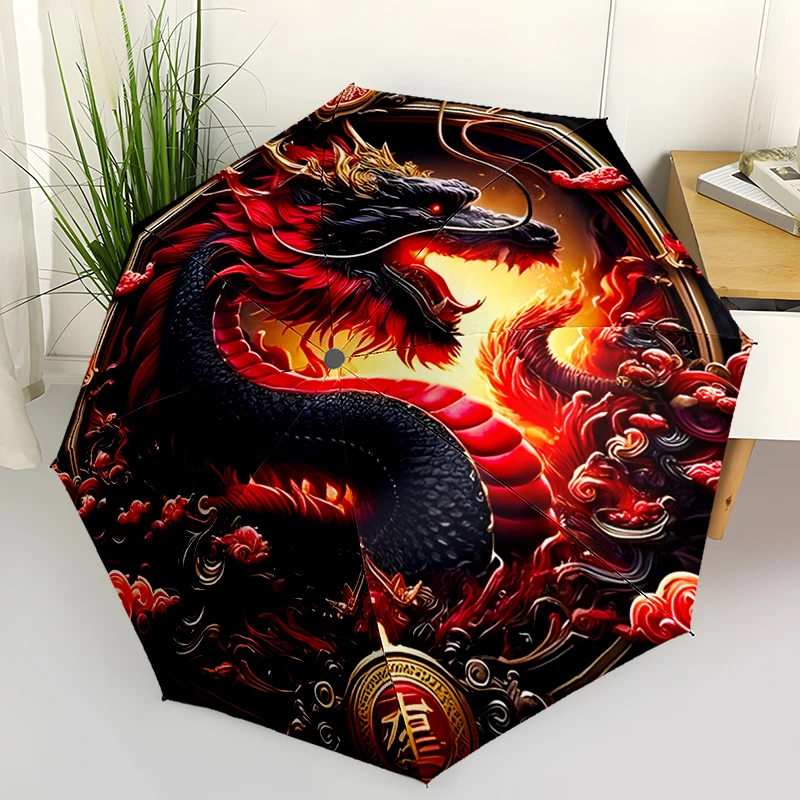 Dragon Theme Design Folding Umbrella - Fashionable Auto-Open Design 8 Iron Ribs Plastic Handle Foldable Sunshade，Perfect Gifts