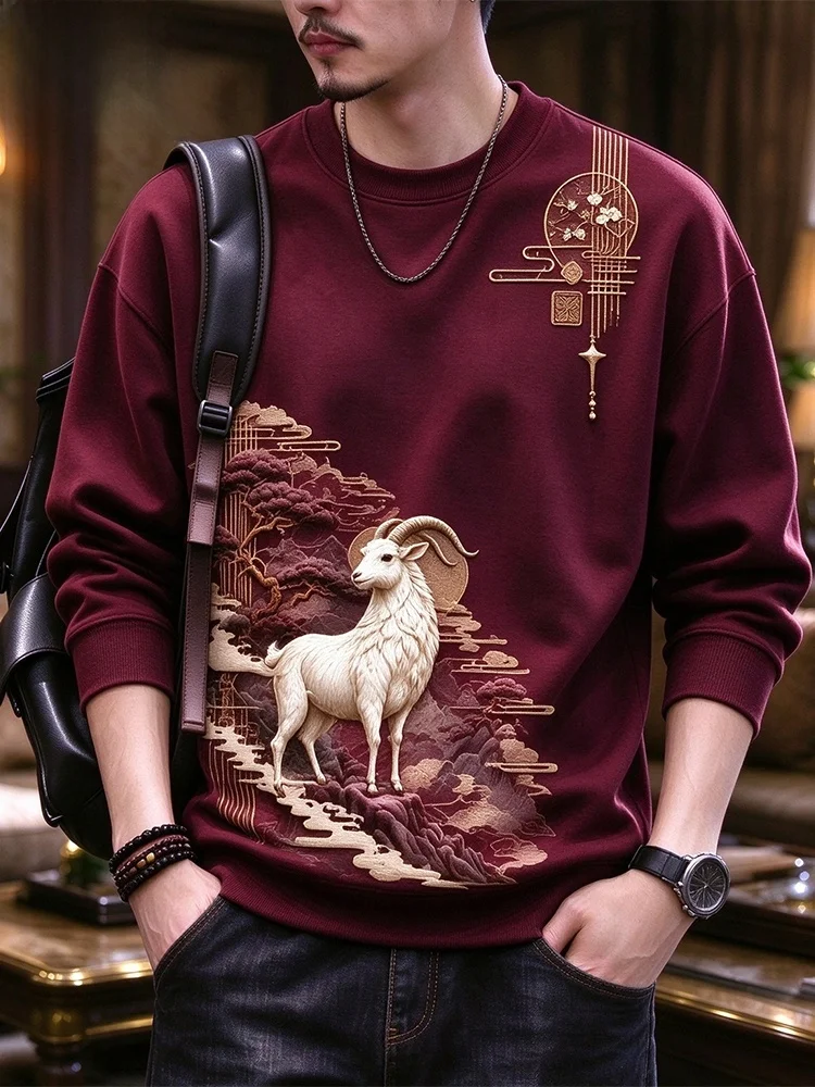 Camiseta Masculina de Moletom Grosso com Gola Redonda Estampada, Casual e Moderna, Manga Longa, Quente para Outono/Inverno, e...