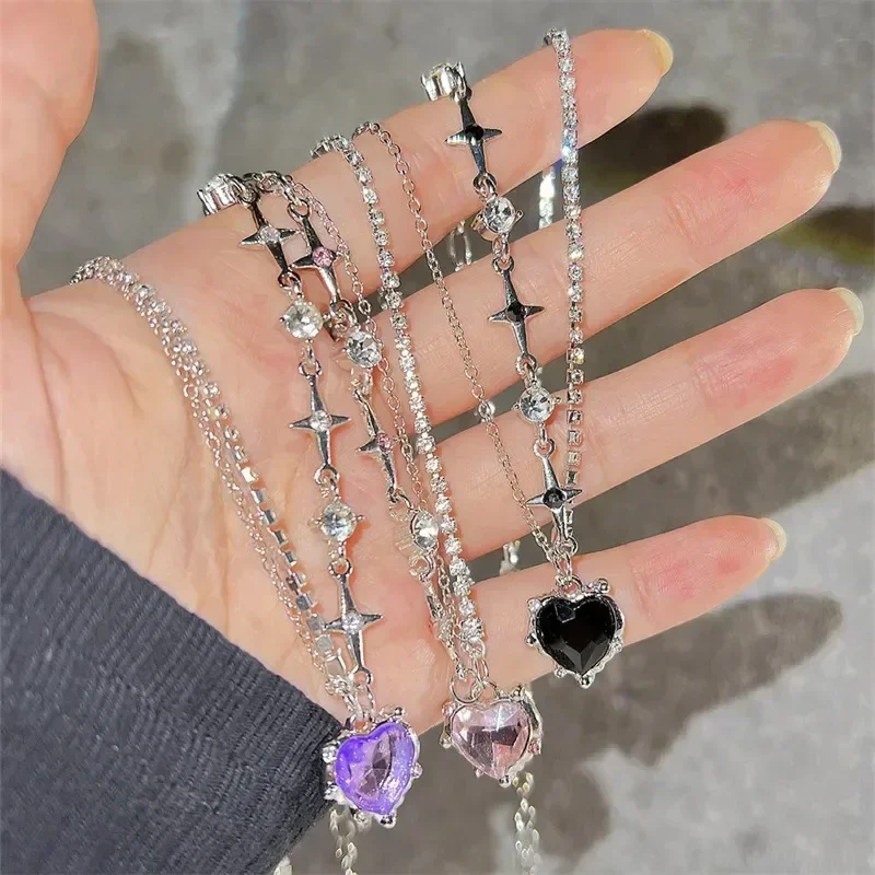 Y2K Purple Crystal Heart Pendant Necklace Women Sweet Cool Girl Punk Clavicle Chain Fashion Aesthetic Necklace Jewelry Gift 2023