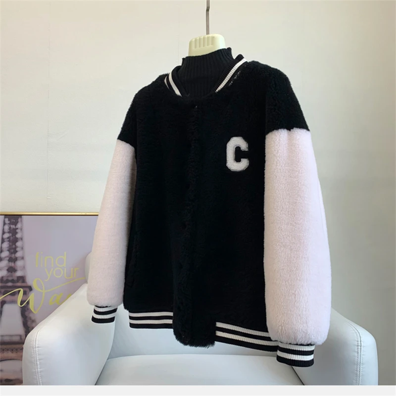 Women Girl Sheep Shearling Baseball Warm Coats Female Lady Lamb Wool Fur Jacket Winter Overcoat JT3276