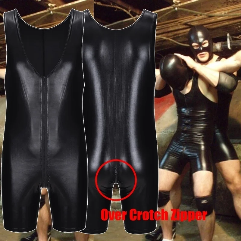 Sexy PU Leather Bodysuit Men\'s Lingerie Erotic Open Crotch Jumpsuit Shorts for Sex Gay Sleeveless Couple Clubwear Night Costumes