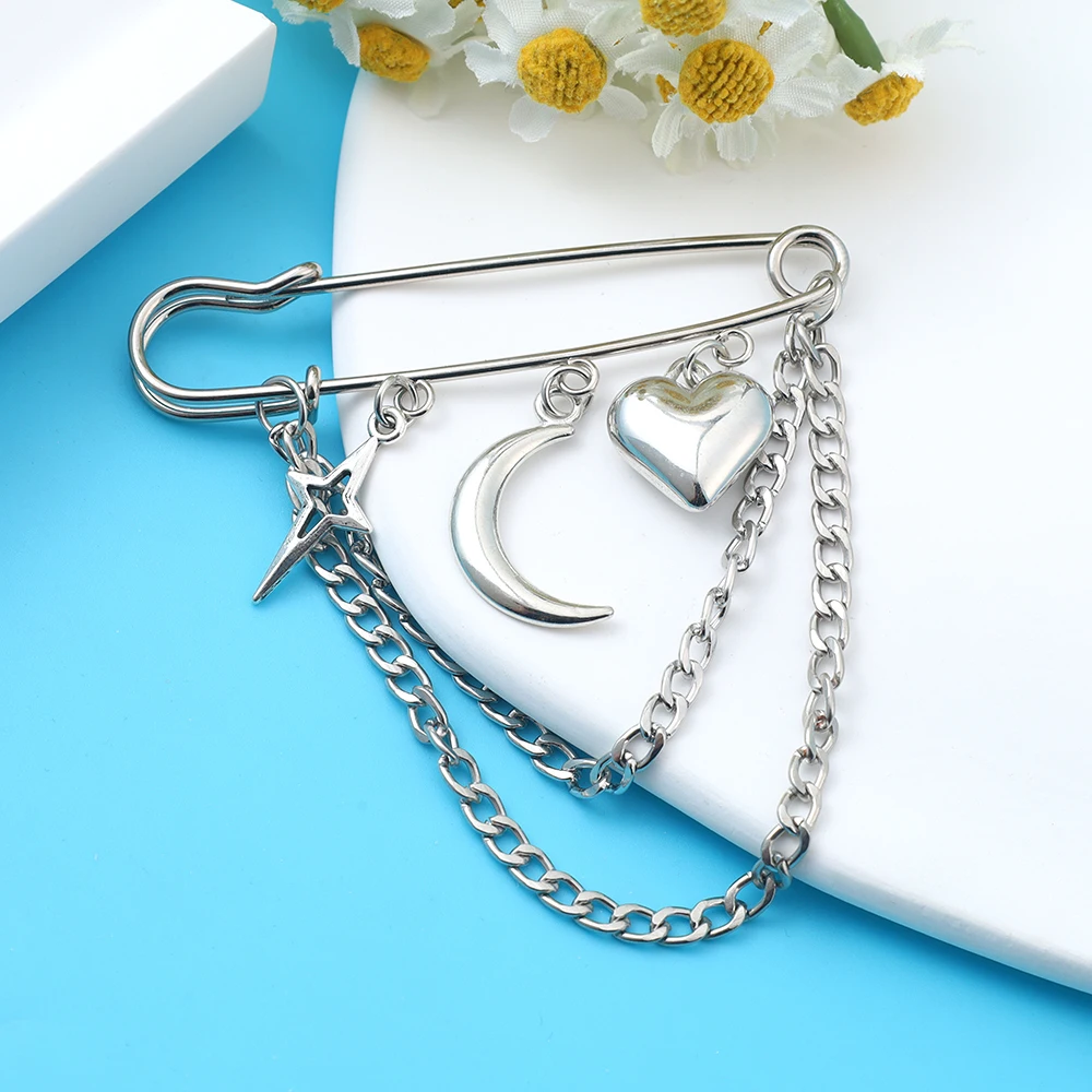 Bonito seguro-pin forma broche pinos amor coração crescente cruz estrela encantos camadas correntes pingente terno corsage acessório adereços presente