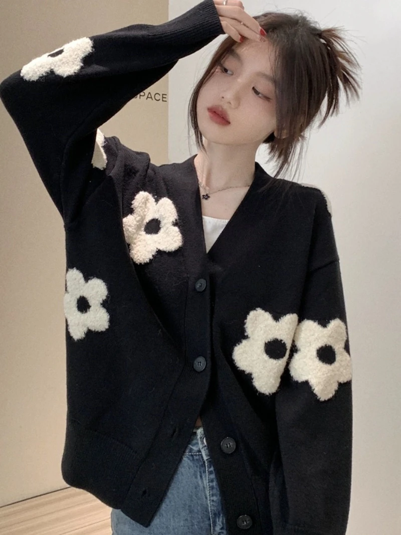 

Женский вязаный кардиган с v-образным вырезом и цветочной вышивкой, ленивый, утягивающий, длинный свеч, свободный крой, осеннее модное новое поступление