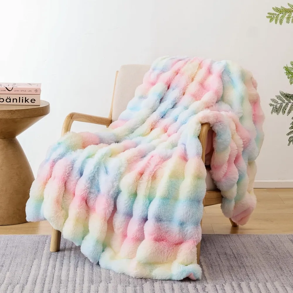 

Smoofy Faux Fur Throw Blanket for Couch Rabbit Fleece - Rainbow Fluffy Blanket for Sofa Bedroom Living Room, Cozy Soft Plush Lux