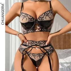 CHUANGERM Lace Sexy Lingerie Floral Embroidery Bra Kit Push Up Ultra Thin Transparent Underwear Delicate Luxury Outfits 3 Pieces