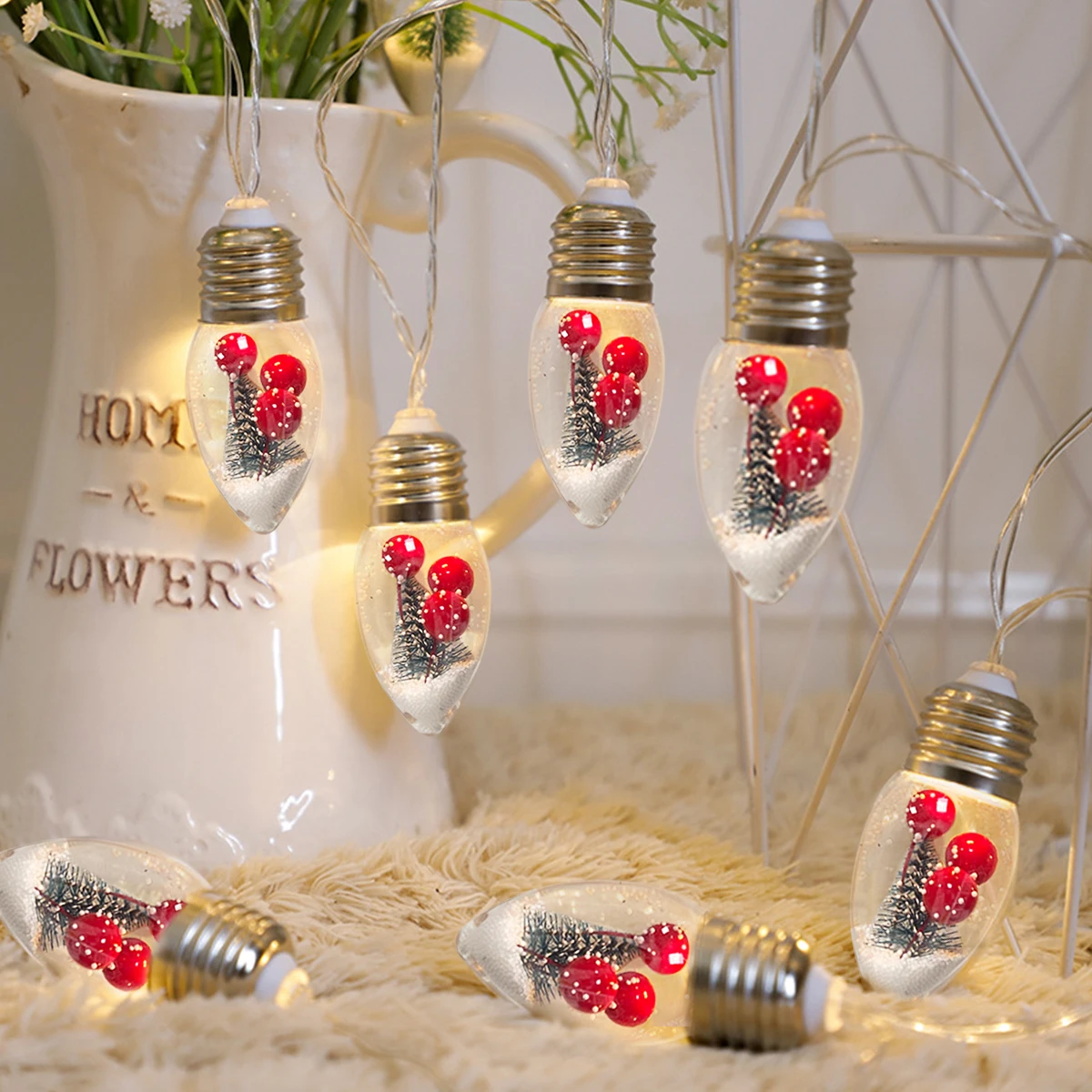 1pc LED Christmas Snowball Bulb String Light With Xmas Tree And Red Berries Holiday Fairy Lights Battery Powered For Home Decor