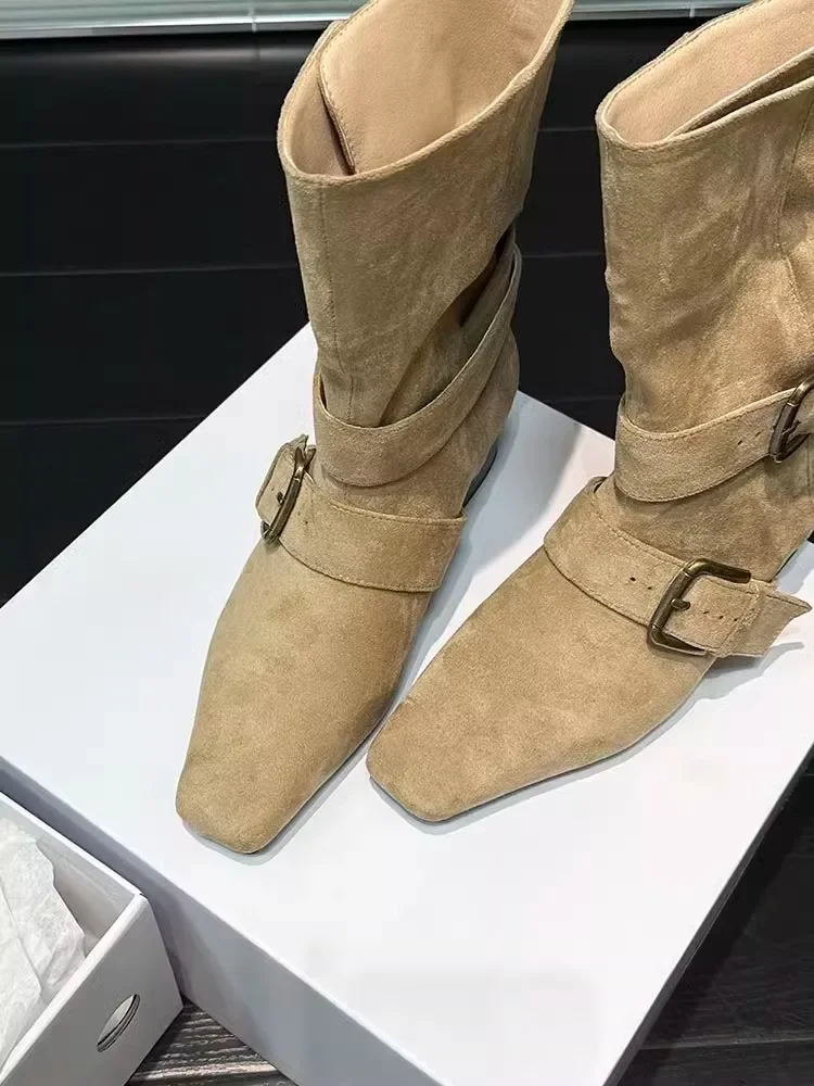 French Style Khaki Leather Buckle Ankle Boots Retro Suede Mid-Calf Botas Femininas Thick Heel Short Western Cowboy Botines